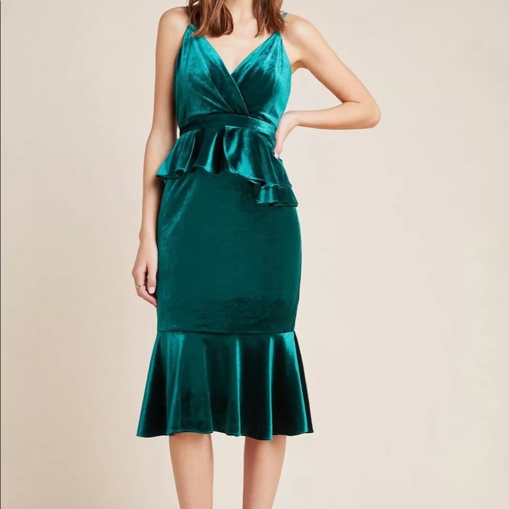 Yumi Kim Dominique Green Velvet Peplum Strappy Dress XSP - Picture 2 of 8